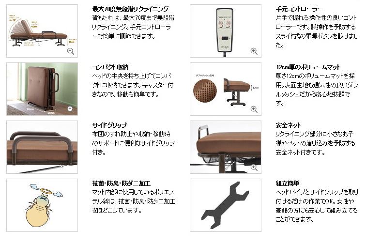 収納式・折りたたみ電動リクライニングベッドAX-BE555の操作方法や特徴