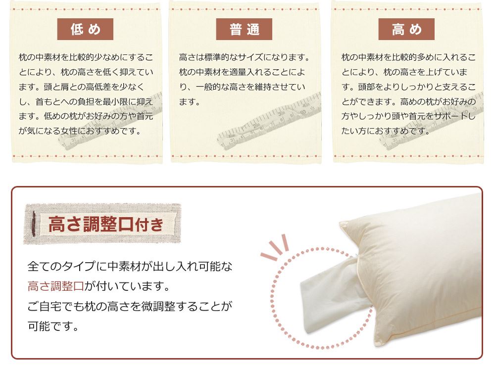 枕のオーダーメイド　高さは3つのタイプから選ぶ