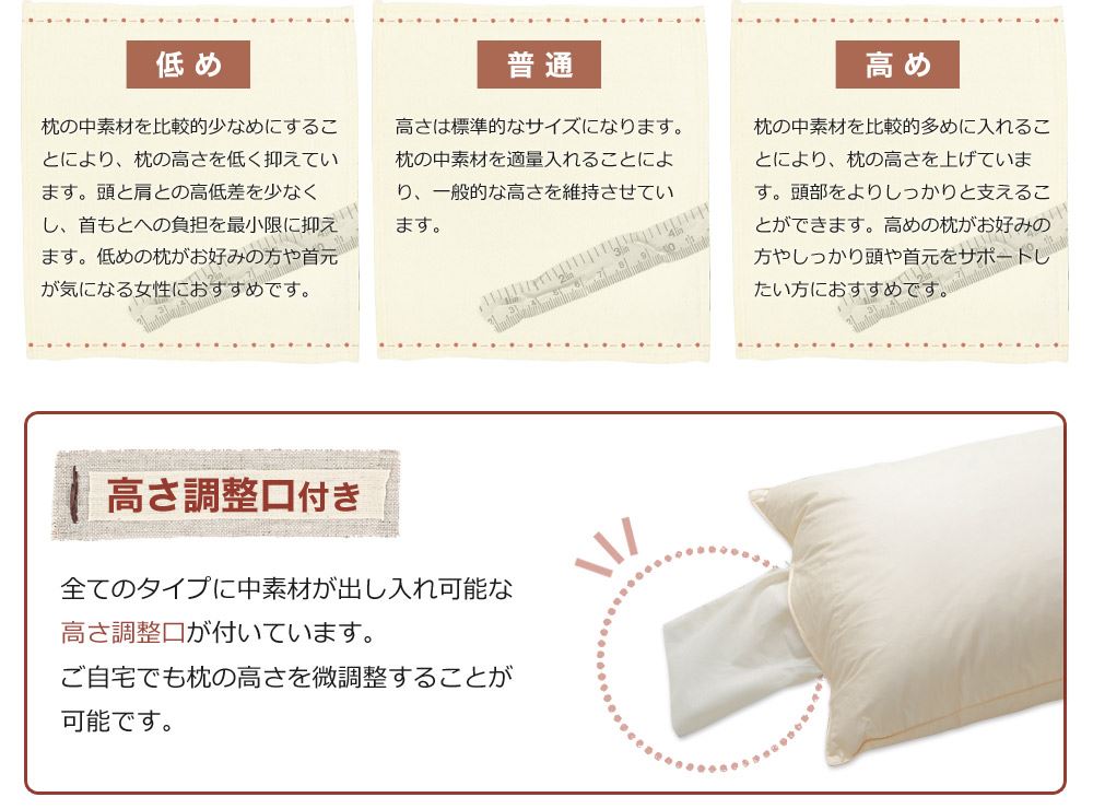 枕のオーダーメイド 高さは3つのタイプから選ぶ