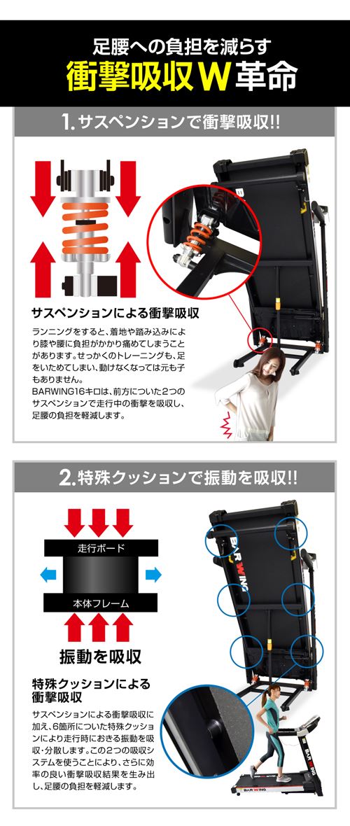 ランニングマシーン・ウォーキングマシンBARWINGサスペンションと特殊クッションで2段階の衝撃吸収ができ、