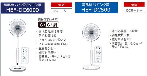 2018年発売日立扇風機DCモーター搭載モデルハイポジション扇(DCモーター)HEF-DC6000・リビング扇(DCモーター)HEF-DC500