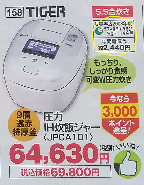 タイガー圧力IH炊飯ジャー JPCA101年間電気代2,440円